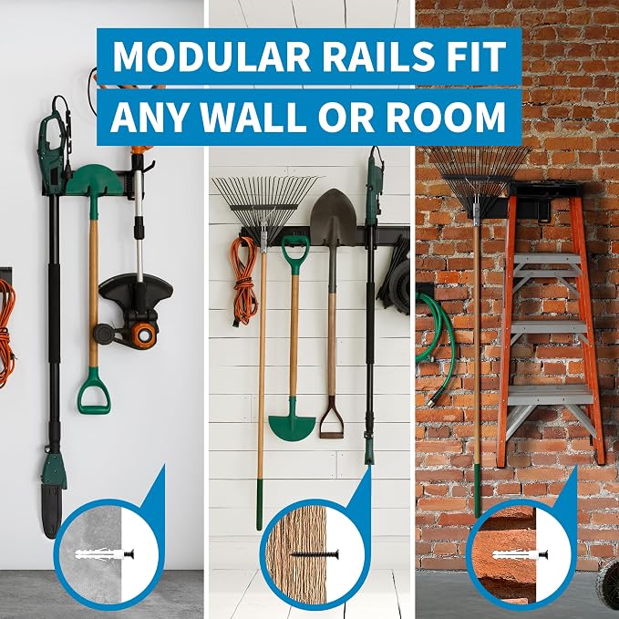 Precision Defined Garage Shovel And Rake Tool Organizer 48" 330lbs Capacity | Wall Mount Garden Tool Organizer, Garage Storage Rack, And Shed Organizer With Adjustable Hooks For Versatile Storage Options
