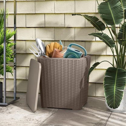 Tangkula 11.5 Gallon Water-proof Deck Box, Outdoor Patio Storage Box w/Removable Lid &, Faux Rattan Storage Container Side Table, All Weather Patio Furniture Extra Seat for Poolside (Brown)