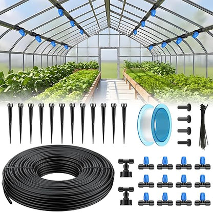 Pawfly 50ft Mist Drip Irrigation Kit - Quick-Connect Drip Irrigation System with 1/4" Tubing, Adjustable Misting Nozzles & Drip Irrigation Parts for Greenhouse, Lawn, Patio and Raised Beds