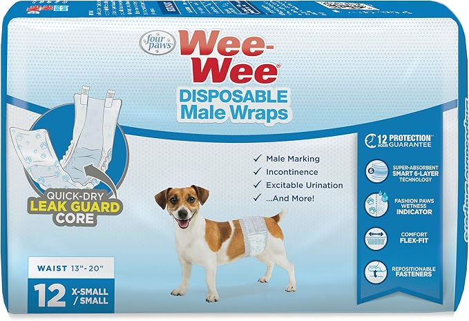 Four Paws Wee-Wee Super Absorbent Disposable Adjustable Dog Potty Training Male Wraps Diapers, Leak-Proof Protection for Puppies and Small Dogs, Extra Small, 12 Count
