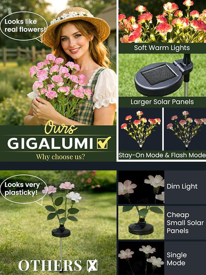 GIGALUMI Solar Lights Outdoor for Garden Decor, 4 Pack Solar Flower Lights Waterproof, 2 Lighting Modes 28 Carnations for Pathway,Yard, Patio Decoration, Gardening Gifts for Women (Pink)