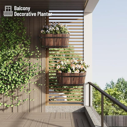 2-Pack Wooden Railing Planters, 13.2 inch Hanging Flower Pots with Detachable Hooks for Balcony, Fence, Deck, Garden, Country Home Decor -Carbonized