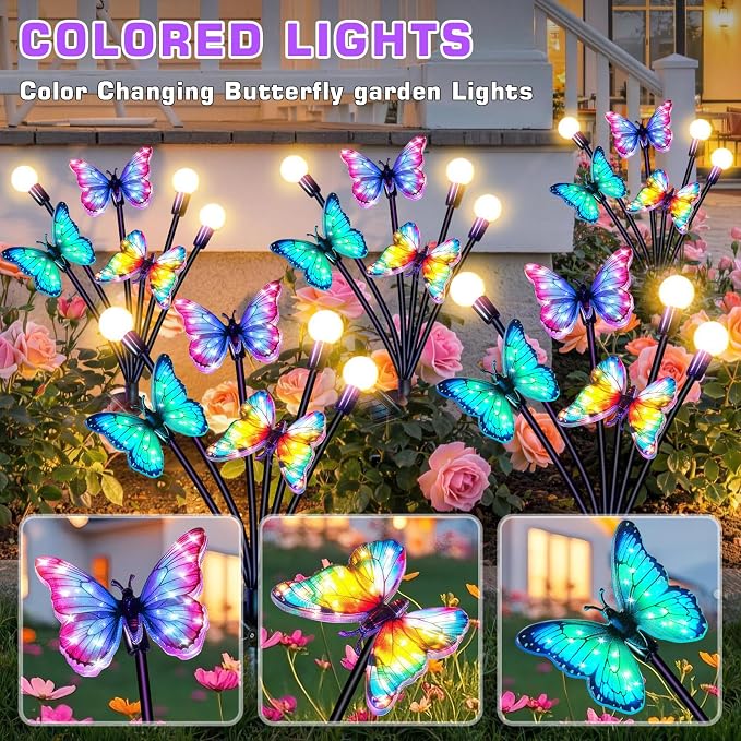 Solar Butterfly Lights Outdoor 2 Pack, Waterproof Solar Butterfly Firefly Garden Lights with Dynamic Fluttering Butterfly Effect, Outdoor Decor Lights for Yard Patio Lawn, Garden Gifts for Mom Women