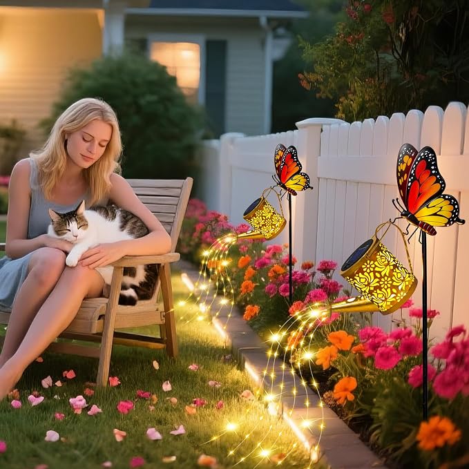 Solar Lights Garden Decor, Waterproof Solar Watering Can with Butterfly Garden Stakes, Outdoor Light with Cascading Lights for Outside Patio Lawn Porch, Birthday Gift for Women Mothers Day