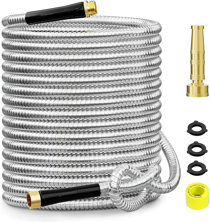 SPECILITE 25 FT Garden Hose, 304 Stainless Steel Metal Heavy Duty Flexible Water Pipe, Kink Free, Durable, Lightweight for Yard, Outdoor with Rubber Grip