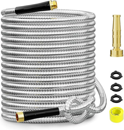 SPECILITE 75 FT Garden Hose, 304 Stainless Steel Metal Heavy Duty Flexible Water Pipe, Kink Free, Durable, Lightweight for Yard, Outdoor with Rubber Grip