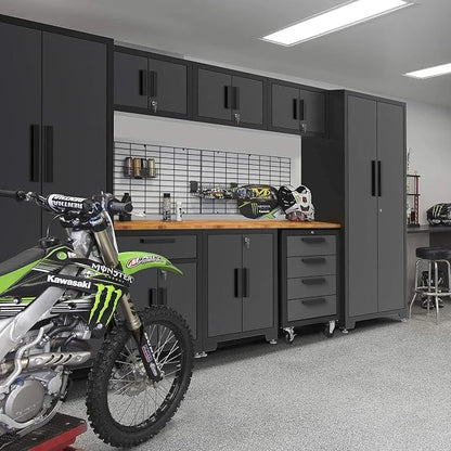 Torin Garage Storage Cabinets System, 9 Piece Workshop Cabinet Set in Black | Included Steel Drawers Rolling Chest,Locked Storage Cabinet, Perfect for Organizing Garage and Tools, 129.92", Black/Grey