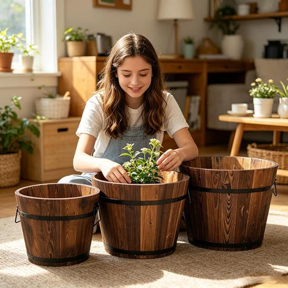 3 PCS Large Wooden Planter Barrel Set - Whiskey Real Wood Decor Plant pots, Rustic Flower Planters Pots Container w/Drainage Holes for Indoor Outdoor Garden Home Plants (18",15.2",11.5")