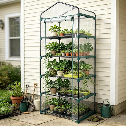 KOL 27x19x76 in PVC Cover 5-Tier Mini Greenhouse, Indoor Outdoor | Portable seed starter plant stand, winter orchid frost protection, apartment balcony patio