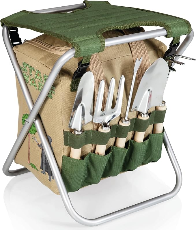 Picnic TIME Star Wars Darth Vader Gardener Folding Seat with Tools, Folding Garden Stool with Detachable Tote and Hand Tool Set Organizer, Portable Gardening Chair, (Olive Green with Beige Accents)