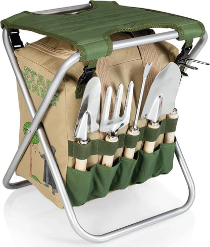 Picnic TIME Star Wars Darth Vader Gardener Folding Seat with Tools, Folding Garden Stool with Detachable Tote and Hand Tool Set Organizer, Portable Gardening Chair, (Olive Green with Beige Accents)