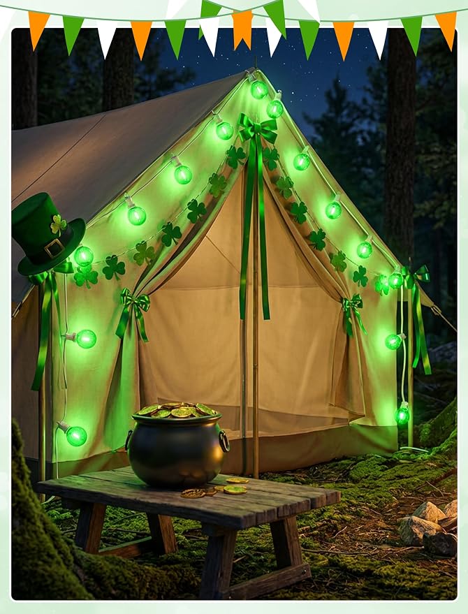 LED St. Patrick's Day String Lights, 25Ft St Patricks Decorations Outdoor | 25+2 G40 Round Bulbs, Connectable, Hanging Patio Lights Shatterproof for Indoor Home Decor Party, White Wire, Clear Green
