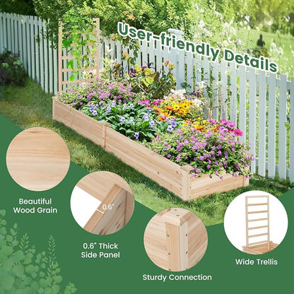 Giantex Raised Garden Bed with Trellis, 93" L x 25" W x 40" H, Wood Planter Box for Vegetables Flowers Herbs Fruits Climbing Plants Cucumber, Easy Assembly, Outdoor Rectangular Floor Gardening Beds