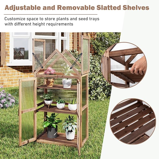 Happygrill Cold Frame, Mini Wooden Green House w/Transparent Openable Roof, Raised Flower Planter Shelf w/3 Adjustable Shelves & Polycarbonate Panels, Small Wood Greenhouse Cabinet for Indoor Outdoors