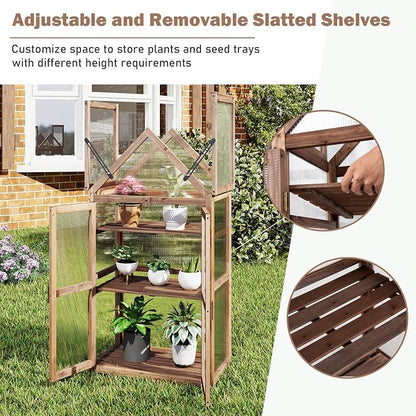 Happygrill Cold Frame, Mini Wooden Green House w/Transparent Openable Roof, Raised Flower Planter Shelf w/3 Adjustable Shelves & Polycarbonate Panels, Small Wood Greenhouse Cabinet for Indoor Outdoors