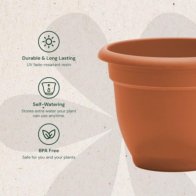 Bloem Ariana 16" Plastic Self-Watering Planter, Terra Cotta, 2-Pack | Self-watering disk at the bottom of each pot that acts as a water wick and reservoir for optimal plant health
