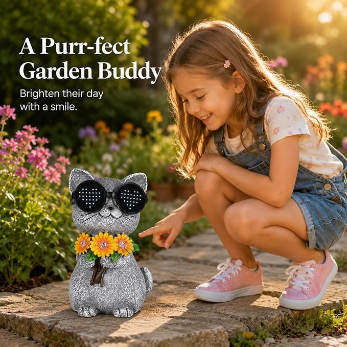 Solar Garden Statues Cat with Daisy and LED Lights Birthday Gifts for Women Mom Grandma Solar Outdoor Decor for Patio Backyard Yard Lawn Decoration-Unique Housewarming Gifts