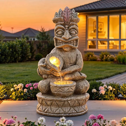 23" H Tiki Statue Outdoor Water Fountain with LED Lights | 2-Tier Tropical Artistic Water Feature with Soothing Cascading Waterfall for Relaxing Meditative Patio Backyard or Porch