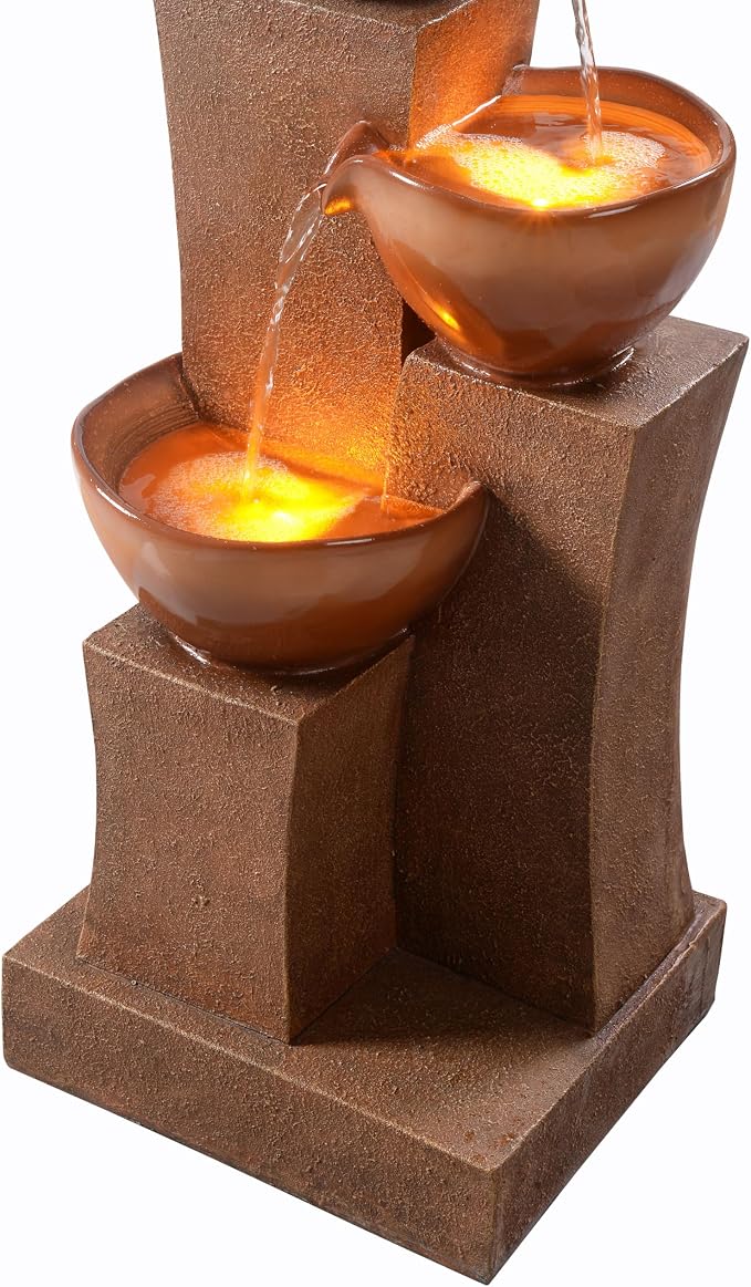 Teamson Home 28.54 in. 3-Tier Cascading Outdoor Water Fountain, Brown | LED Lights, For Gardens, For Landscaping, For Patios, For Balconies