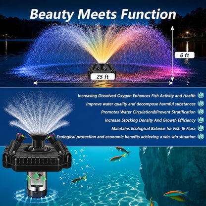Pond Fountain Aerator, 1HP 110V 750W Floating Pond Fountain, With4 RGB Lights，100 FT Power Cord，Waterproof Timer，2x100 FT Traction Rope，Floating Water Fountains for Ponds