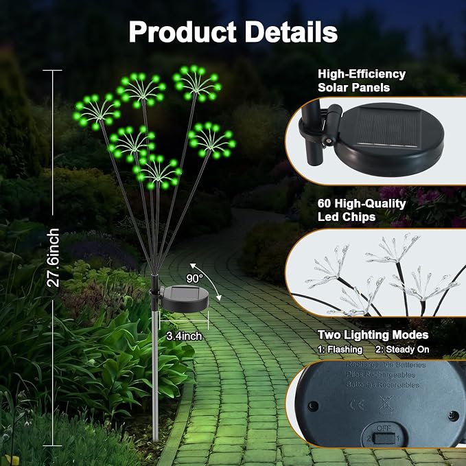 Solar Garden Lights Outdoor, 2 Pack New Upgraded Solar Swaying Starburst Light, Waterproof Fireworks Solar Lights, Yard Patio Pathway Decoration, Green