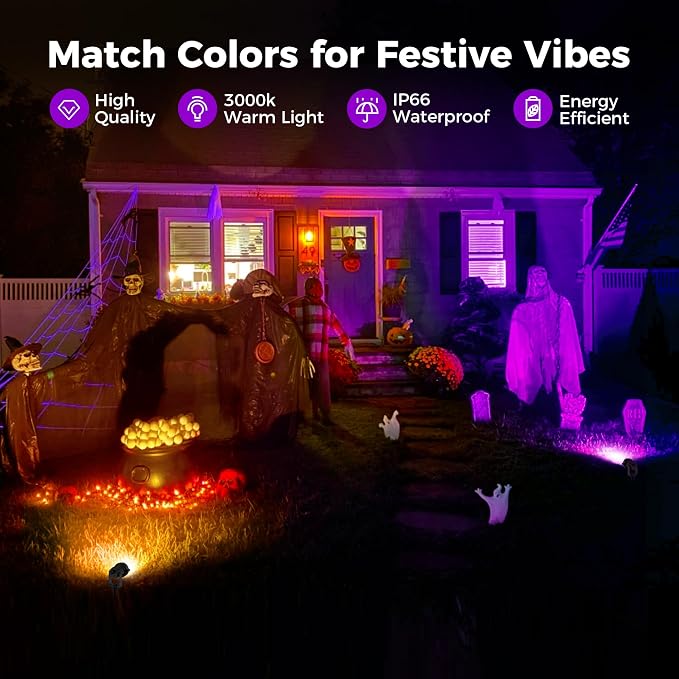 L LOHAS LED Tree Spotlight Outdoor, Purple Halloween Spot Lights for Yard, Auto On/Off 5W 120V Landscape Lighting for House, Holiday, Garden, Decoration, 450LM IP66 Waterproof, UL Listed, 2 Pack
