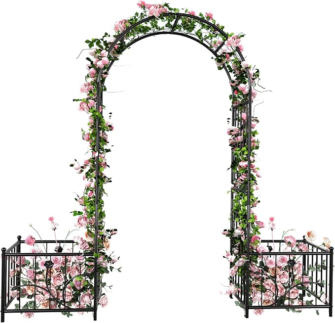 76" W x 86" H Black Metal Garden Arbor with Planter Boxes | Wedding Archway for Climbing Plants and Outdoor Ceremonies, Ideal for Lawn, Patio, Garden, or Backyard Decor