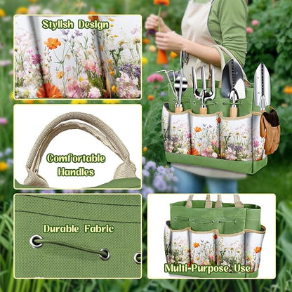 Garden Tools 9-Piece Heavy Duty Gardening Hand Tools with Floral Organizer Tote Bag, Rust-Proof Garden Tool Set, Thickened Repotting Mat, Gardening Gifts for Women Mom, Green