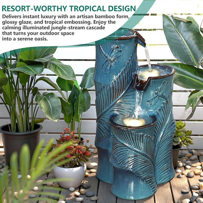 25.5" H Ceramic Outdoor Water Fountain with LED Lights, 3-Tier Cascading Bamboo-Style Water Feature, Teal Blue, Embossed Leaf & Dragonfly Patterns, Tranquil Waterfall for Garden, Patio & Yard
