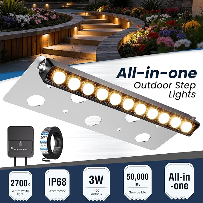ZZXX All-in-One Retaining Wall Lights with Transformer, 2700K Hardscape Lighting, Low Voltage Landscape Lighting, IP68 Waterproof Outdoor Step Lights Fence Decor for Patio Stairs, 3W Lights 8-Pack