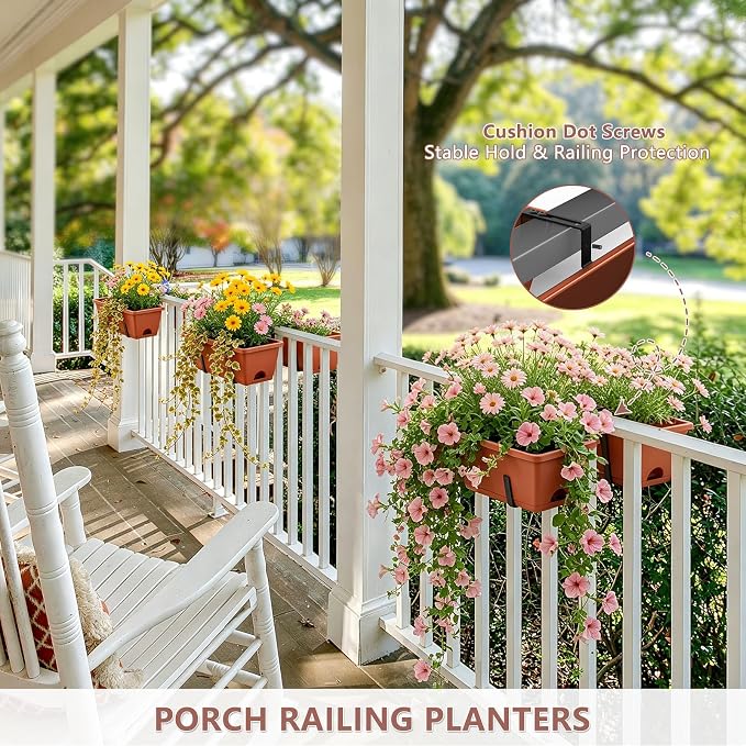 Deck Railing Planter Adjustable Window Box Set of 2 Outdoor Balcony Herb Planter Boxes with Window Plant Hanger, 17 Inch Plastic Hanging Flower Basket Planting Pots for Porch Fence Patio Decor, Red
