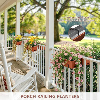Deck Railing Planter Adjustable Window Box Set of 2 Outdoor Balcony Herb Planter Boxes with Window Plant Hanger, 17 Inch Plastic Hanging Flower Basket Planting Pots for Porch Fence Patio Decor, Red