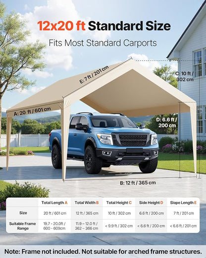 VEVOR Carport Replacement Canopy Cover, 12 x 20 ft Potable Garage Tent Top Tarp, UV-Resistant & Waterproof Car Shelter Tarp, Heavy Duty Car Port Cover with Ball Buggees, Beige, Frame Not Included