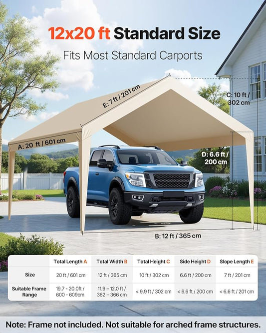 VEVOR Carport Replacement Canopy Cover, 12 x 20 ft Potable Garage Tent Top Tarp, UV-Resistant & Waterproof Car Shelter Tarp, Heavy Duty Car Port Cover with Ball Buggees, Beige, Frame Not Included