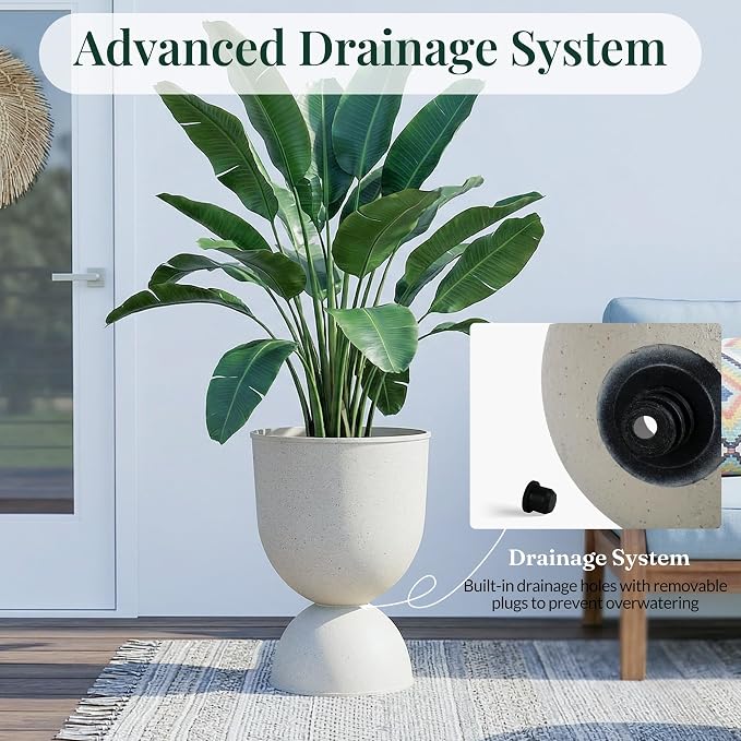 KOL Planters Flower Pots, Plastic Urn Planters for Indoor Outdoor Plants, Beige Pedestal Planter Pots 2 Pack, 15 Inch Tall Decorative Planters with Drainage Holes & Plugs for Front Porch Patio Garden