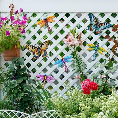 DEWEL 8 Pcs Metal Butterfly Dragonfly Wall Decor, Garden Decor for Outside Wall Art, Colorful Hanging Decorations Outdoor Wall Decor for Garden Fence Patio Yard, Great Gift Choice