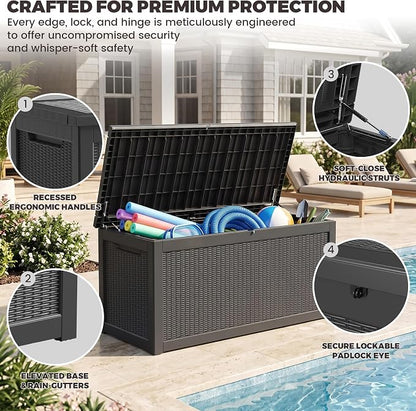 Outdoor Storage Box, 320 Gallon Waterproof Deck Box [Upgraded 3.1], Giant Resin Storage for King Cushions, Lockable Bench Chest, Estate Yard Garden BBQ Gathering, Black