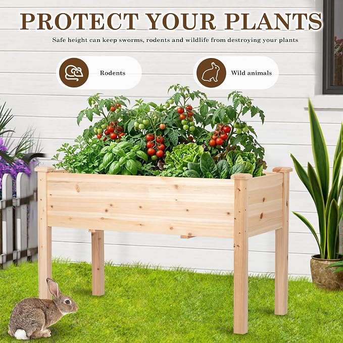 Raised Garden Bed with Legs, 48x24x30 inch Wood Elevated Planter with Protective Liner for Vegetable Flower Herb, Outdoor Planter Box Kit for Balcony Patio Backyard, Natural
