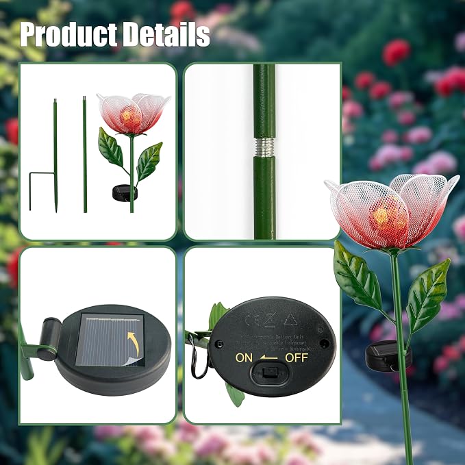 Solar Garden Lights,2 Pack Solar Metal Flowers with Breathing Light,Yard Pathway Lights Outdoor Solar Powered,Outside Lights for Yard Garden Outdoor Pathway Decor