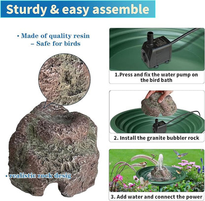 TIANCENTRAL H Electric Bird Bath Fountain Pump with Natural Rock Design, Continuous Water Bubbler (Not Solar) 7.5W Adjustable Submersible Pump with 6FT Anti-Bite Cord for Outdoor Garden & Patio Decor