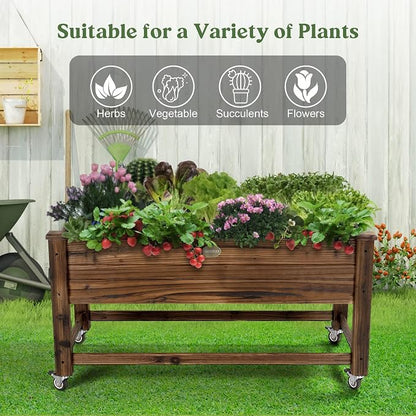 OIPRTGFJ Cedar Wood Outdoor Raised Garden Bed Planter Box with Locking Wheels, 41x21x20 inch, Carbonization Color