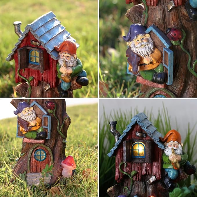TERESA'S COLLECTIONS 11" Tall Large Garden Statues Gnome Treehouse with Solar Outdoor Light, Dad Gifts for Men,Resin Garden Decor Lawn Ornaments for Patio Yard Decor Gifts for Mom