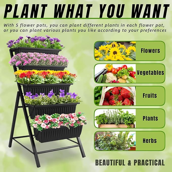 Homdox 2 Pack Vertical Garden Bed, 5 Tiers Raised Garden Planter, 25.6 * 26 * 48 Inch with Drainage System & 4 Hooks, Vegetable Flower Stand for Garden Patio Yard (Black with 4 Wheels)
