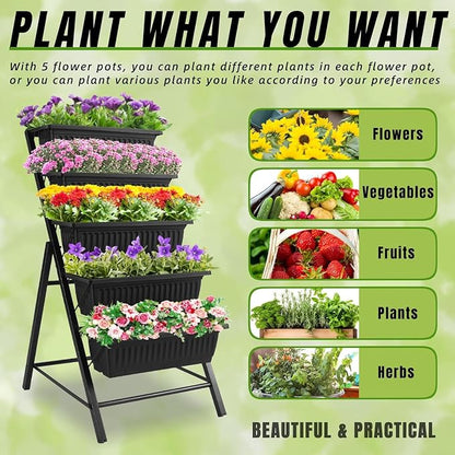 Homdox 2 Pack Vertical Garden Bed, 5 Tiers Raised Garden Planter, 25.6 * 26 * 48 Inch with Drainage System & 4 Hooks, Vegetable Flower Stand for Garden Patio Yard (Black with 4 Wheels)