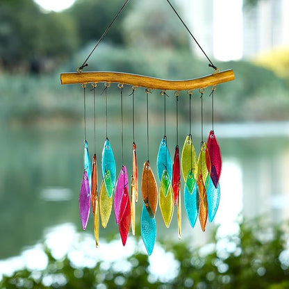 Solar Wind Chimes Outdoor with Glass and Copper (Glass Leaf 2) | Solar Powered, Garden Decor, Patio Decor, Glass and Copper, Outdoor Use