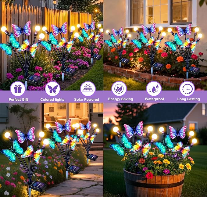 Solar Butterfly Lights Outdoor 2 Pack, Waterproof Solar Butterfly Firefly Garden Lights with Dynamic Fluttering Butterfly Effect, Outdoor Decor Lights for Yard Patio Lawn, Garden Gifts for Mom Women