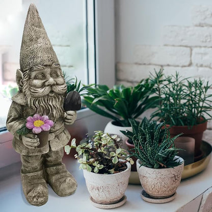 Design House 395848 Indoor/Outdoor Gnome with Flower Pot and Shovel Figurine Statue for Garden Patio Home & Office Décor Housewarming Gifting Birthdays, 7.5 L x 6.9 W x 18.5 H, Multicolor