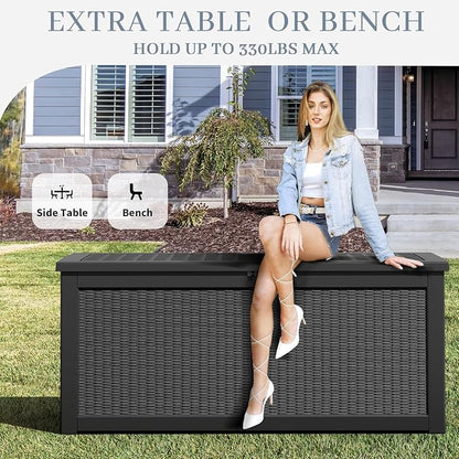 NUNU LAB Outdoor Storage Box, 320 Gallon Deck Box, Resin Waterproof Outside Storage Bench, Outdoor Storage Cabinet With Lockable Lid, Backyard Deck Box For Garden Tools, Patio Cushions, Black
