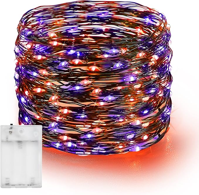Dazzle Bright Halloween Fairy String Lights, 20FT 60 LED Copper Wire Battery Operated Waterproof Lights, Halloween Decorations for Indoor Home Outdoor Patio Yard Party Decor (Purple and Orange)