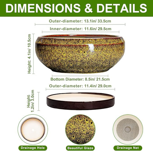 Succulent Pots Large - 13 Inch Ceramic Bonsai Pot with Drainage Hole and Tray, Round Succulent Planters, Shallow Plant Pots Indoor, Bowl Planter Outdoor, Garden Decor, Gardening Gift, Yellow